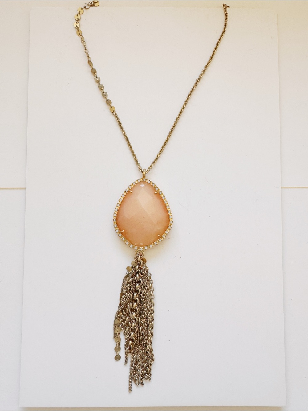 Gold-Tone Peach Teardrop Pendant Necklace with Tassel Accent